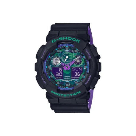 Casio G-Shock Style GA-100BL-1 – High-Quality Imitation (Neon Purple & Teal)