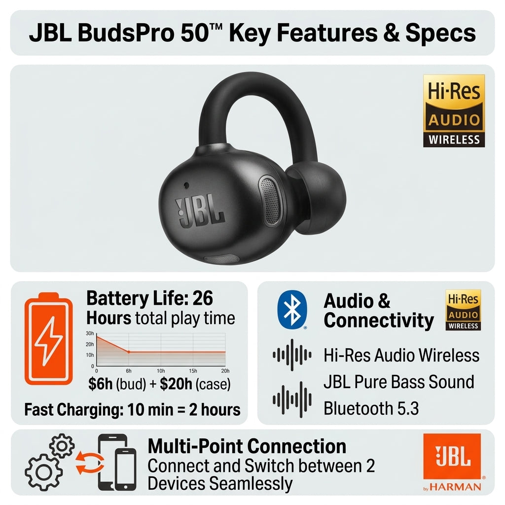 JBL Buds Pro 50 Open-Ear Wireless Earbuds – Hi-Res Audio, 26-Hour Battery Life & Multi-Point Connection with Premium Charging Case
