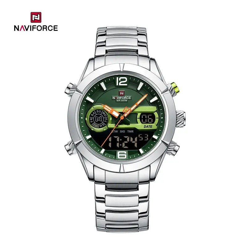 NAVIFORCE Silver &amp; Green Men's Luxury Sports Watch