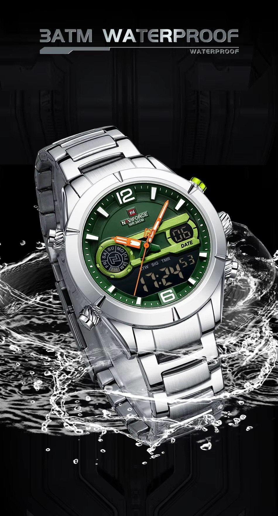 NAVIFORCE Silver &amp; Green Men's Luxury Sports Watch