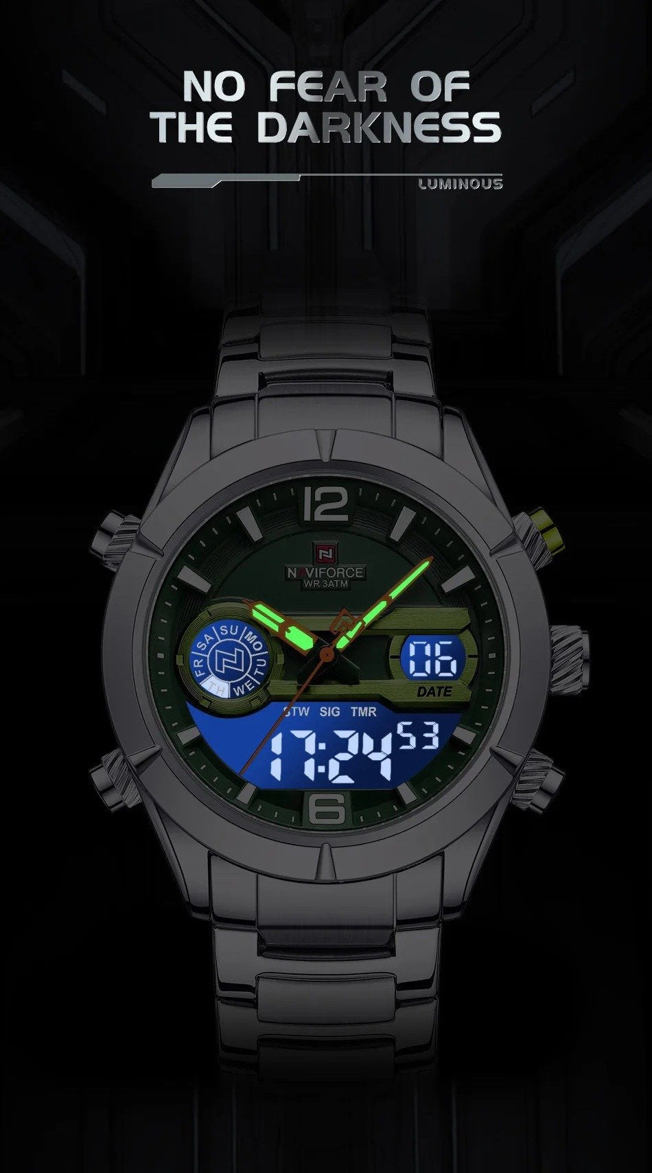 NAVIFORCE Silver &amp; Green Men's Luxury Sports Watch