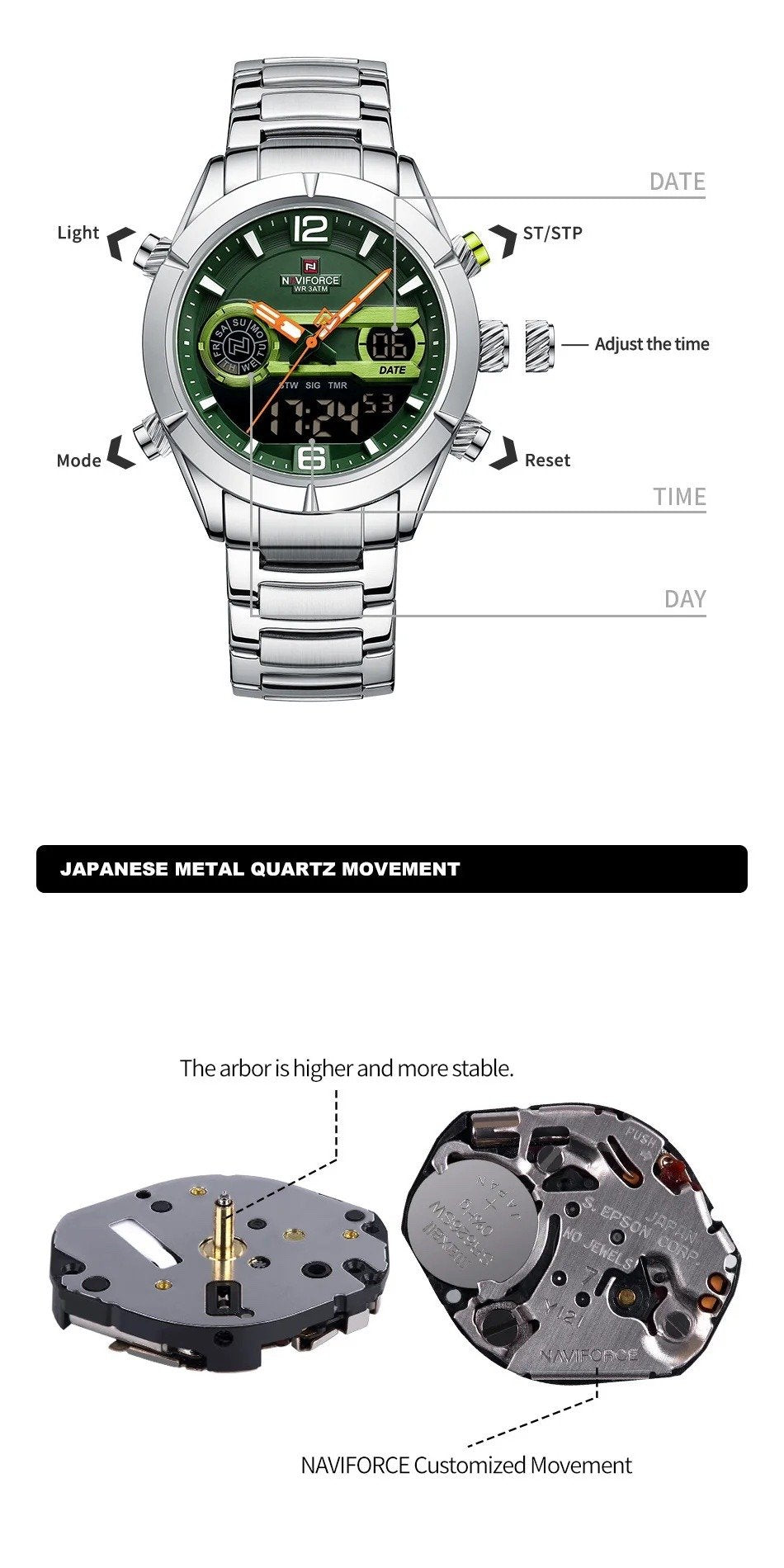 NAVIFORCE Silver &amp; Green Men's Luxury Sports Watch