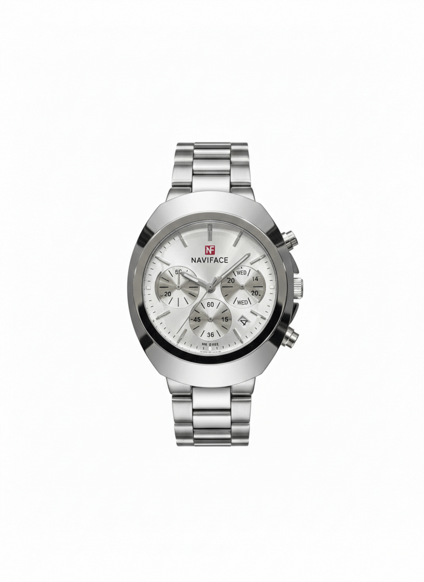 NAVIFACE Men's Luxury Silver Stainless Steel Chronograph Watch