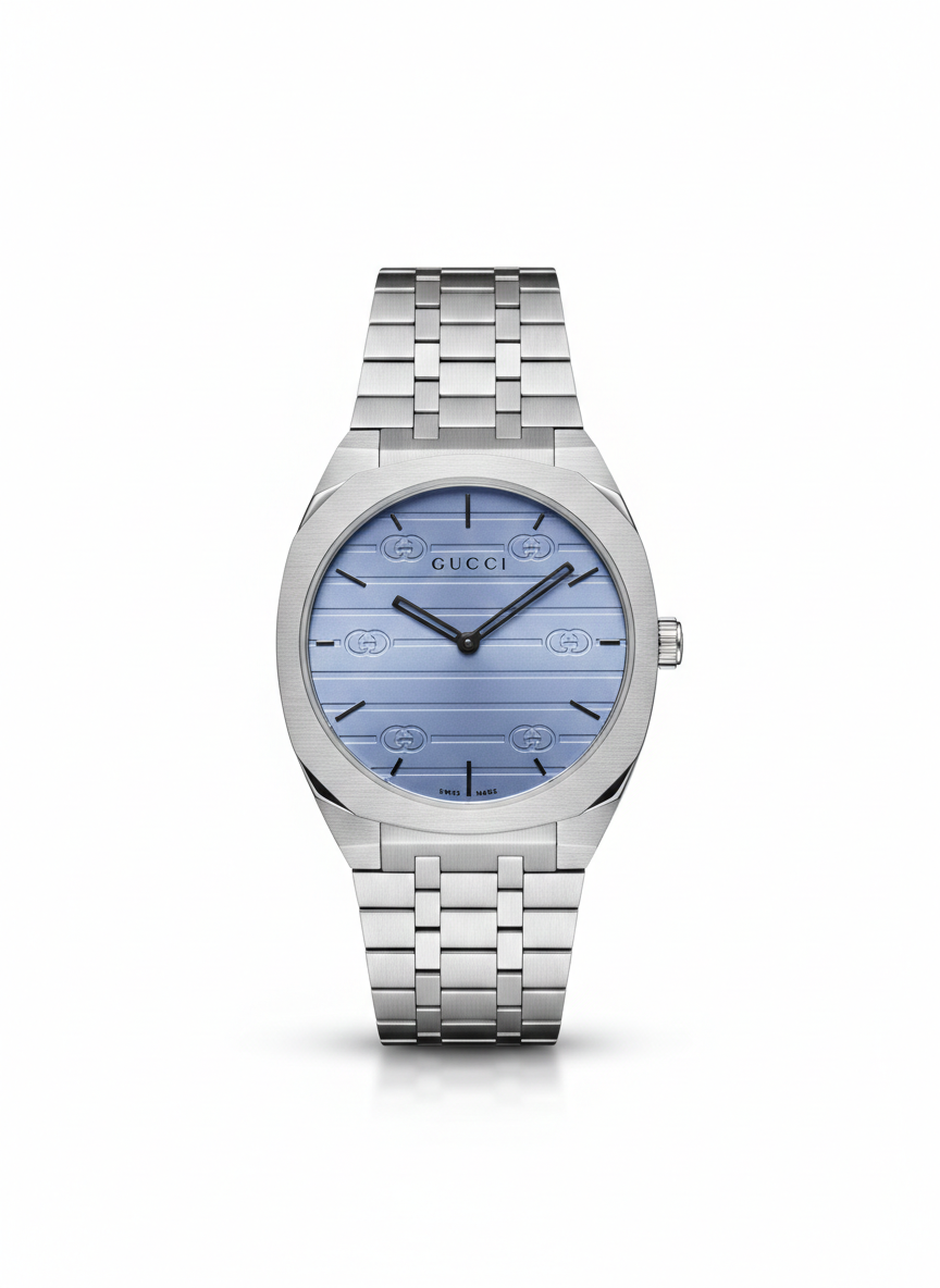 Gucci 25H Series Inspired Slim Watch – Ice Blue Textured Dial &amp; Steel Bracelet