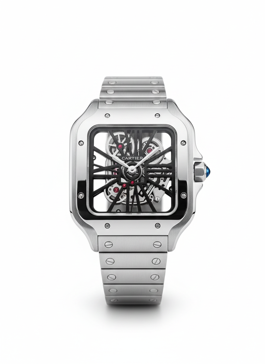 Cartier Santos Skeleton – Transparent Mechanical Dial with Brushed Steel Bracelet
