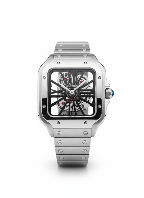 Cartier Santos Skeleton – Transparent Mechanical Dial with Brushed Steel Bracelet