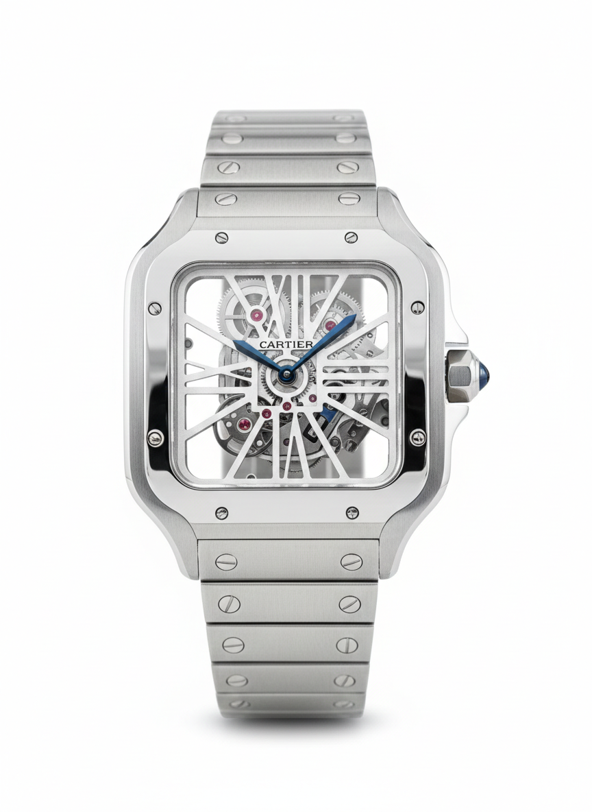 Cartier Santos Skeleton – Transparent Mechanical Dial with Brushed Steel Bracelet