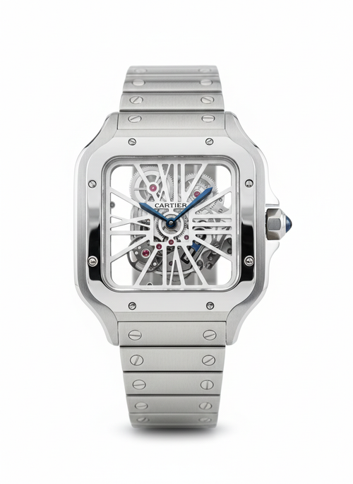 Cartier Santos Skeleton – Transparent Mechanical Dial with Brushed Steel Bracelet