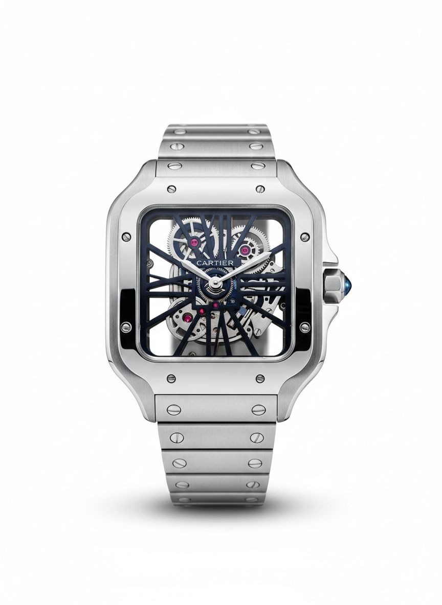 Cartier Santos Skeleton – Transparent Mechanical Dial with Brushed Steel Bracelet