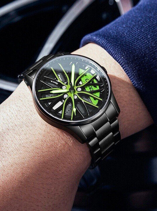 360 ° Rotary Stainless Steel Strap Sport Car Rim Wheel Hub Quartz