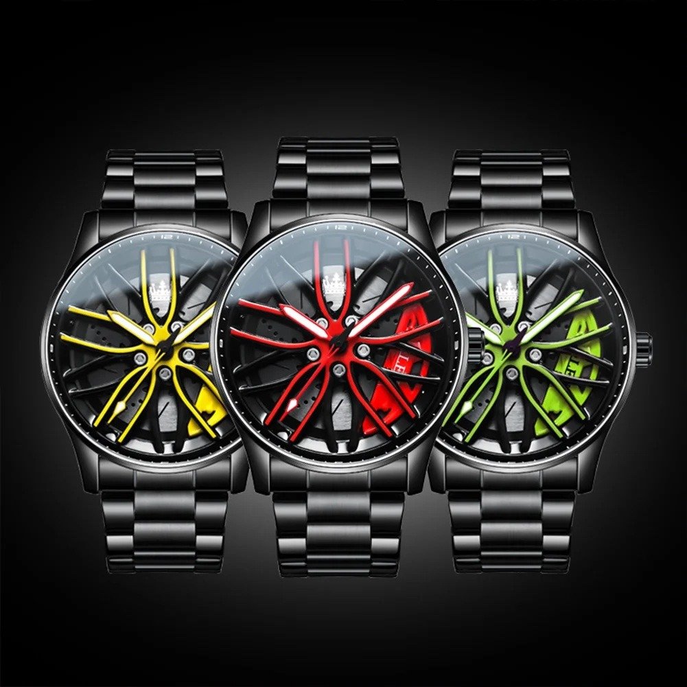 360 ° Rotary Stainless Steel Strap Sport Car Rim Wheel Hub Quartz