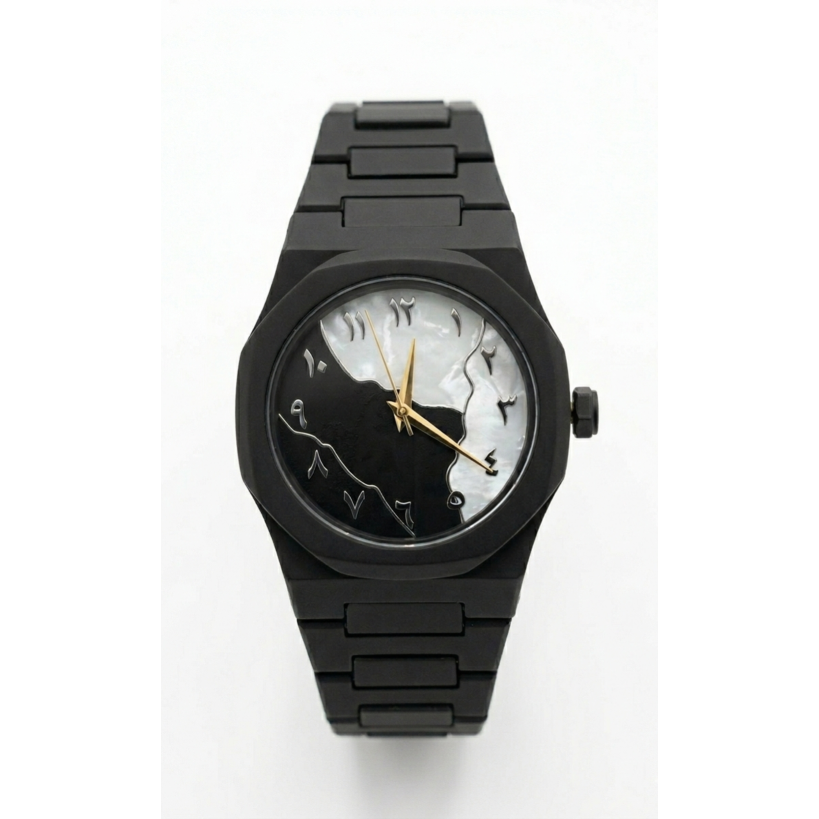 Matte Black Monochrome Watch with Split Mother-of-Pearl Arabic Dial
