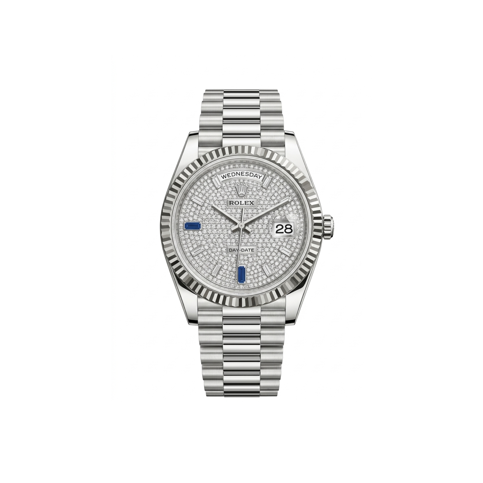 Rolex Day-Date Silver – Diamond Dial with Sapphire Accents
