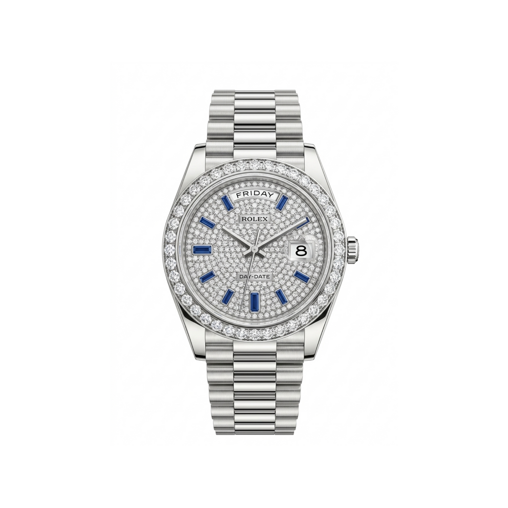 Rolex Day-Date Silver – Diamond Dial with Sapphire Accents
