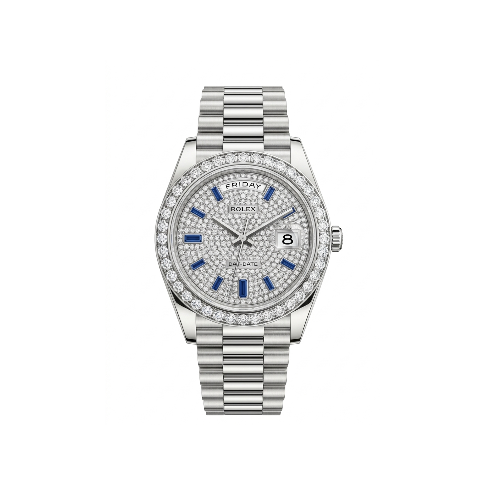 Rolex Day-Date Silver – Diamond Dial with Sapphire Accents